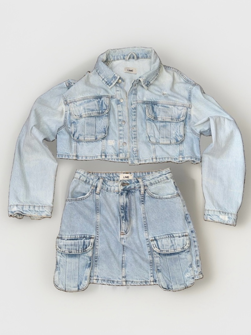 2 pieces LIME Blue Denim Cargo Skirt XS + Oversized  cropped jacket 100% Cotton